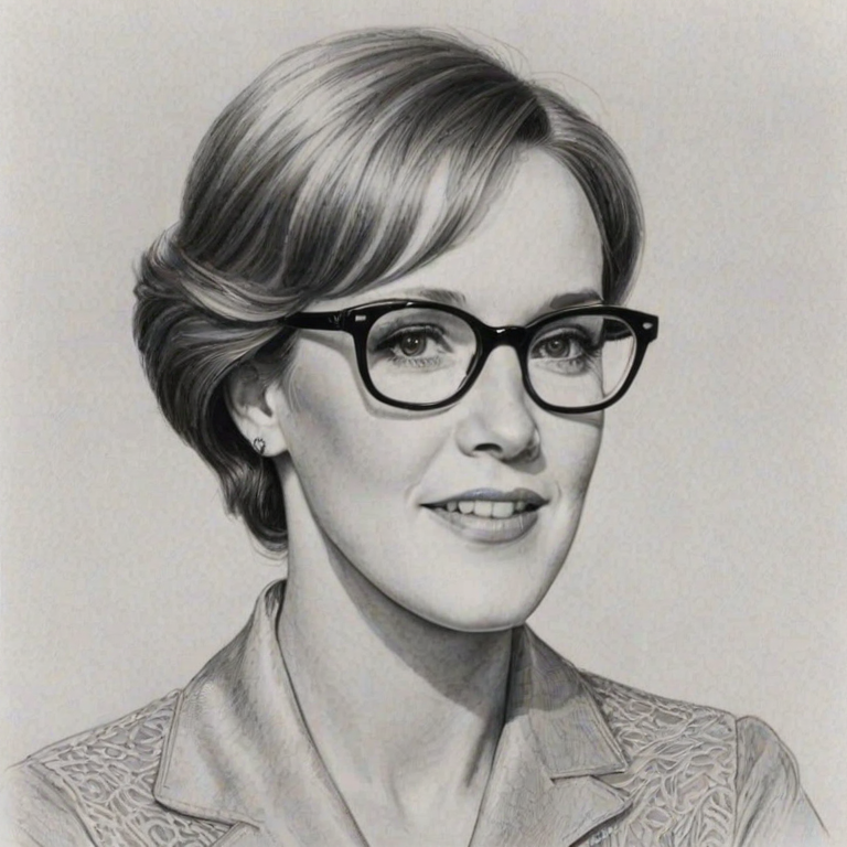 Graceful Julie Andrews, pencil sketch, portrait of Exquisite woman 1976s in glasses, hair style beatnik, outline, clear lines, fine lines, 8k