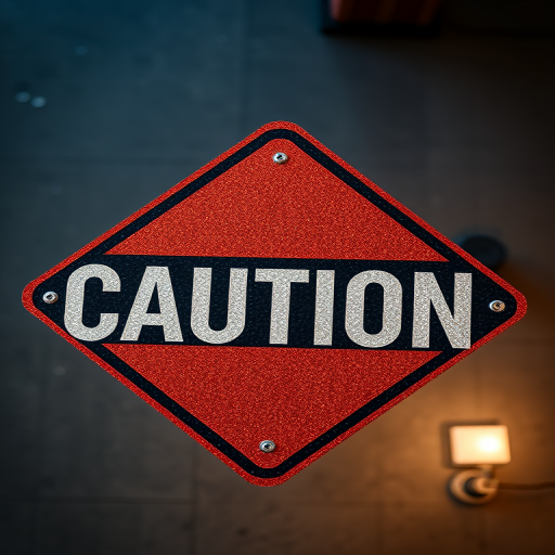 Create a high-resolution image of a glittery caution sign with bold letters that reads CAUTION! using a DSLR camera, aperture f/2.8, shutter speed 1/250, ISO 100, overhead view, with a soft focus background.