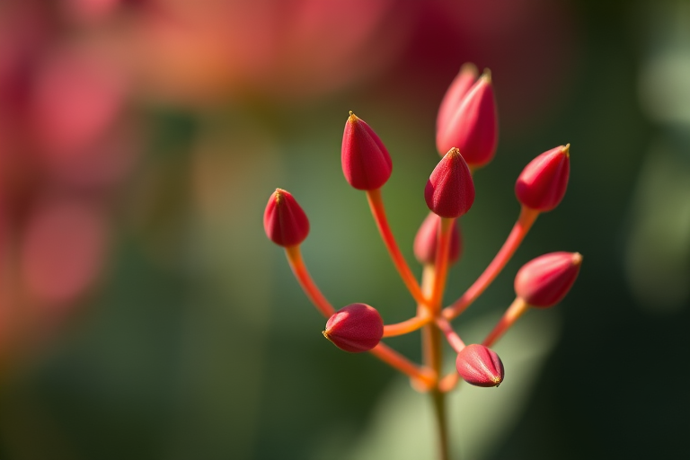 macro shot of red flower buds with soft blurred background, aperture f/2.8, shutter speed 1/200s, ISO 100, 50mm lens, DSLR camera, natural light
