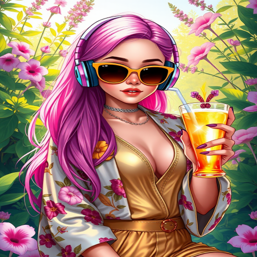 Create a vibrant and detailed digital illustration of a young woman with long pink hair, wearing oversized sunglasses and headphones, dressed in a floral robe over a metallic golden jumpsuit, holding a glowing drink, surrounded by lush greenery and flowers, in a bright fantasy environment, using a DSLR camera with a 50mm lens, aperture f/1.8, ISO 100, soft natural lighting for enhanced clarity and depth.
