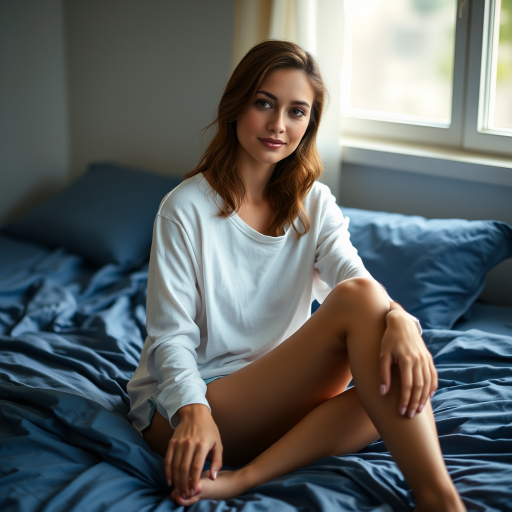 regenerate the image of a woman sitting on a bed with blue bedding, soft natural light coming through a window, high resolution, 50mm lens, f/1.8 aperture, ISO 200, soft focus background, ambient lighting, portrait orientation, DSLR camera