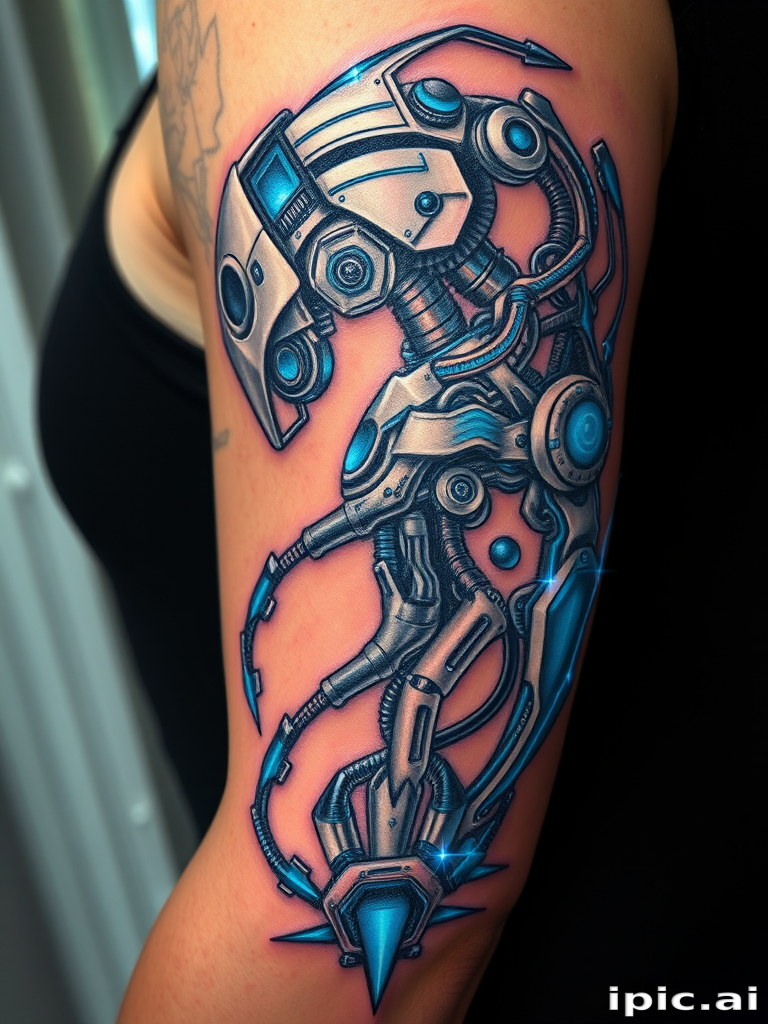 Biomechanical tattoo called "Cybernetic Evolution" blending organic forms with mechanical elements in shades of metallic silver and electric blue to create a futuristic cyborg-inspired design