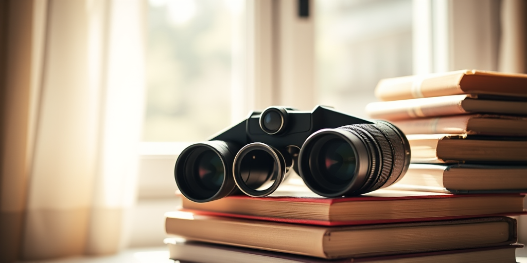 Create a close-up image of vintage binoculars resting on stacked books, with soft natural light streaming through a window illuminating the scene, using a DSLR camera with a 50mm lens at f/2.8, ISO 100, and a slight vignette effect for depth.