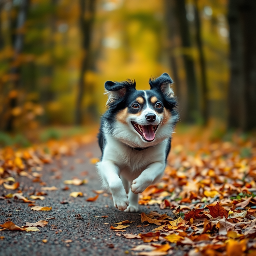 a happy dog with black and white fur running along a forest path covered in autumn leaves, with a soft focus and warm lighting