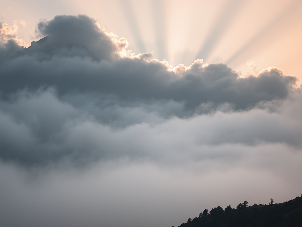 Mountain landscape shrouded in mist with sunlight breaking through clouds, captured at sunrise, 70mm lens, f/4 aperture, ISO 100, shallow depth of field, DSLR camera, landscape orientation.