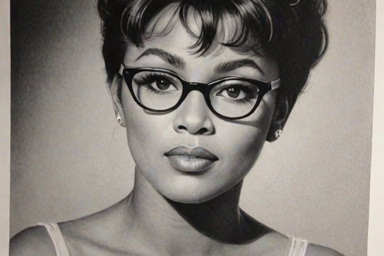Magnificent Anita Baker, pencil sketch, portrait of Sublime woman 1956s in glasses, hair style beatnik, outline, clear lines, fine lines, 8k