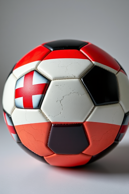 Generate a high-resolution image of a soccer ball with the flag of Montenegro, featuring realistic textures, vibrant colors, and detailed patterns, shot with a Canon EOS 5D Mark IV, 50mm lens, f/2.8 aperture, ISO 100, in natural light for enhanced clarity and depth.