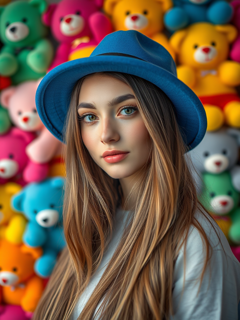 portrait of a woman with long hair wearing a blue hat against a vibrant background of colorful teddy bears, shallow depth of field, ISO 100, f/1.8, 50mm lens, natural lighting, DSLR camera, vibrant colors, high resolution