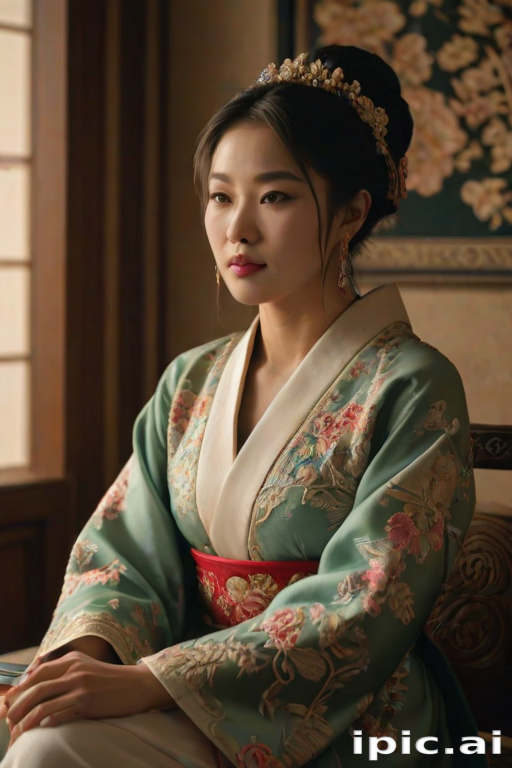 A beautiful woman in traditional East Asian attire, intricately detailed with embroidered patterns, sitting gracefully in a richly decorated room, soft ambient lighting, serene and elegant, ultra-realistic, 8K resolution