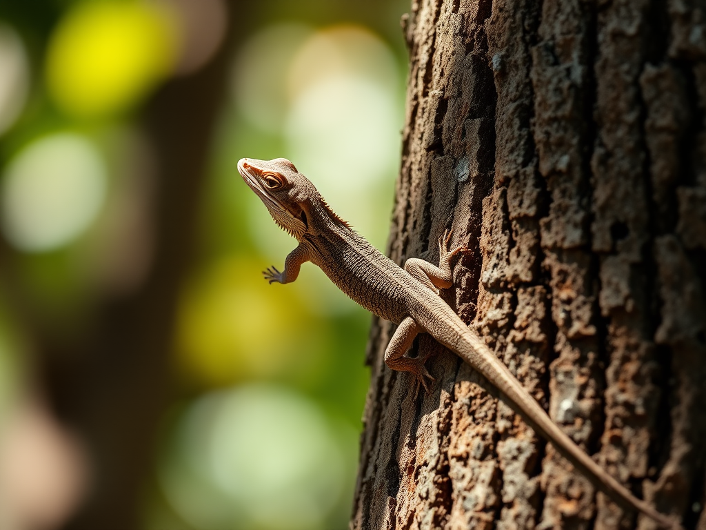 photograph a lizard climbing a textured tree trunk, using a Canon EOS 5D Mark IV, 85mm lens, aperture f/4, shutter speed 1/200s, ISO 200, soft focus background with vibrant colors and natural lighting, shallow depth of field