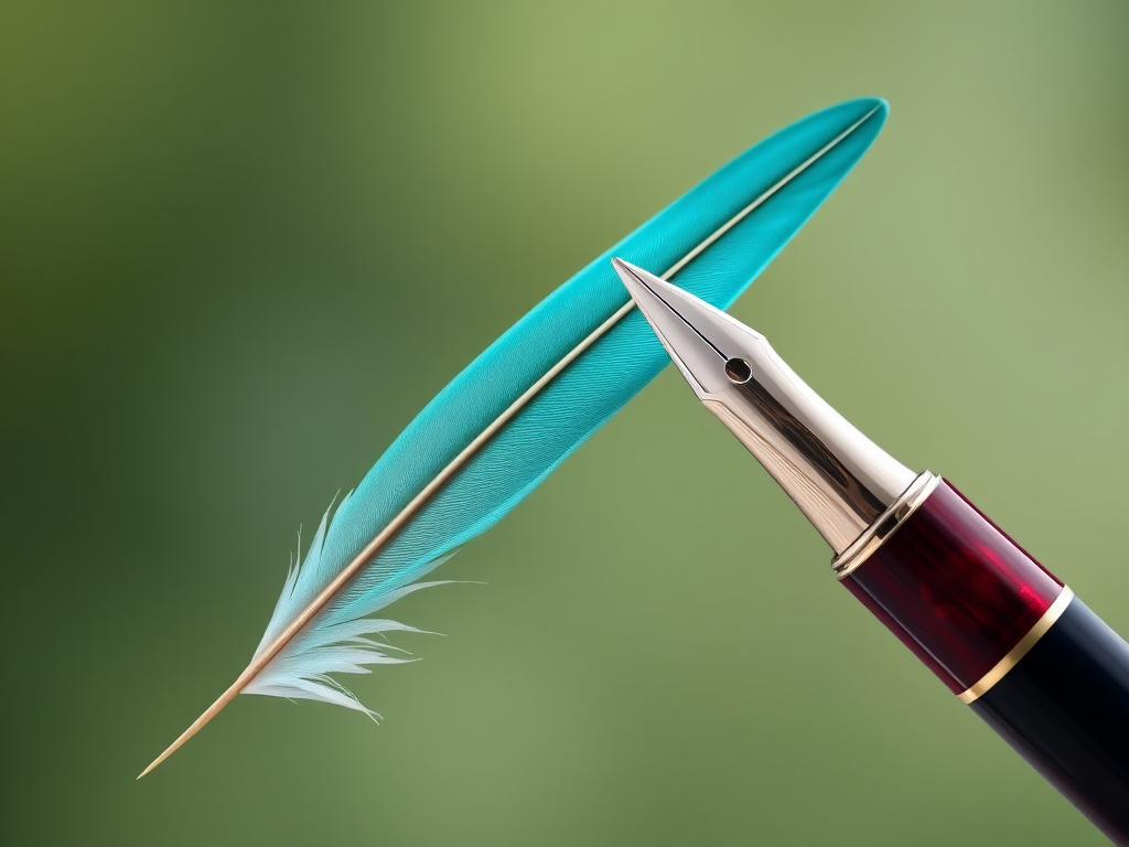 digital illustration of a quill pen with a teal feather and a sleek silver nib, high resolution, soft focus background, taken with a DSLR camera, f/2.8 aperture, 50mm lens, natural lighting, vibrant colors