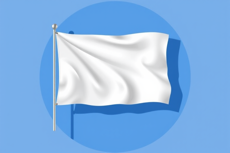 Create a vector graphic illustration of a white flag on a blue circular background with a long shadow effect, using a 50mm lens at f/5.6, ISO 100, taken from a straight-on view with a digital camera.