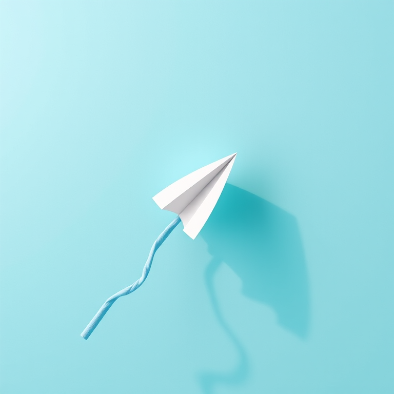 a minimalist design of a paper airplane launching into the sky, with a light blue background, enhanced with soft shadows and a dynamic motion effect, captured with a DSLR camera at f/4, ISO 100, 1/250 sec, wide-angle lens, top-down view for depth and clarity
