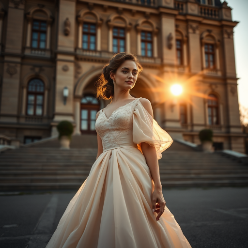 An elegant woman, dressed in a vintage gown, stands in front of a grand, historic building. The setting sun casts a warm, golden light on her