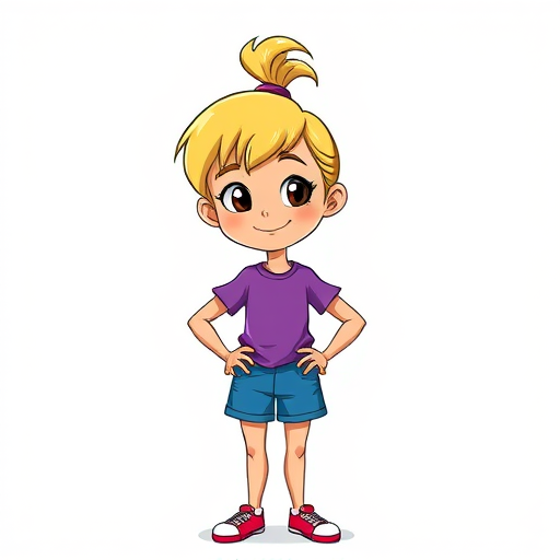 Create a vibrant cartoon character illustration of a girl with blonde hair styled upwards, wearing a purple t-shirt and blue shorts, standing confidently with hands on hips, using a 50mm lens, f/2.8 aperture, shot from an eye-level perspective with a slightly increased saturation and contrast for a more dynamic look.