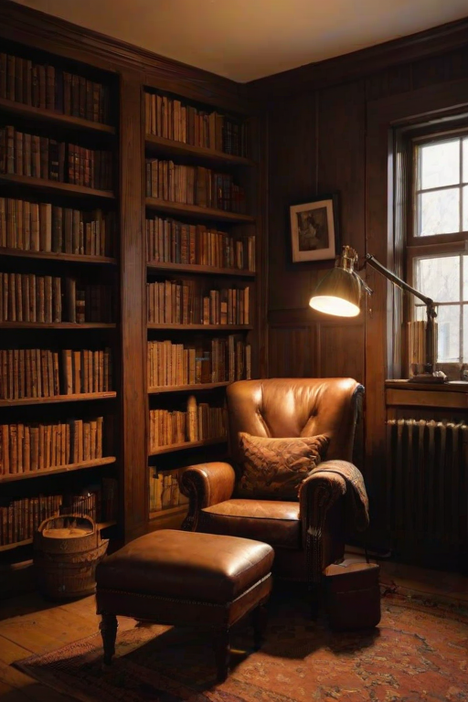Warmly lit photo of a cozy library corner, with shelves full of old books, a soft leather armchair, and a brass reading lamp casting a warm glow over the scene.