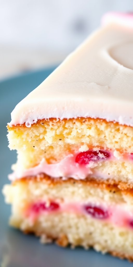 A close-up of a slice of layered cake with visible poppy seeds in the light sponge layers and a pink fruit filling between the layers, topped with smooth white frosting and a light pink border, resting on a blue plate.