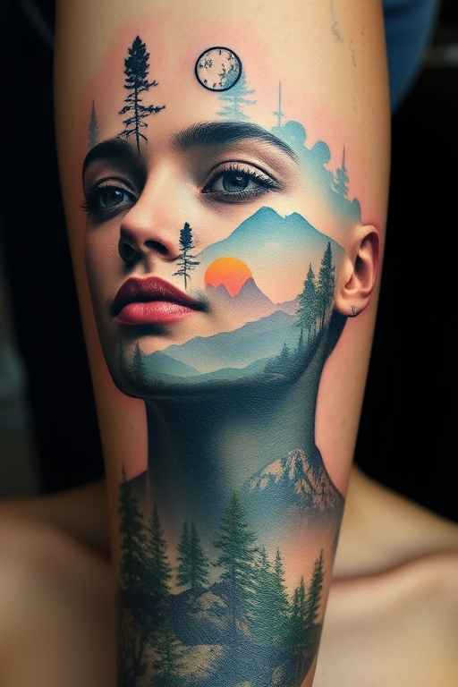 Surrealist double exposure tattoo blending a portrait with natural landscapes, creating a dreamlike image that seamlessly merges human and environmental elements