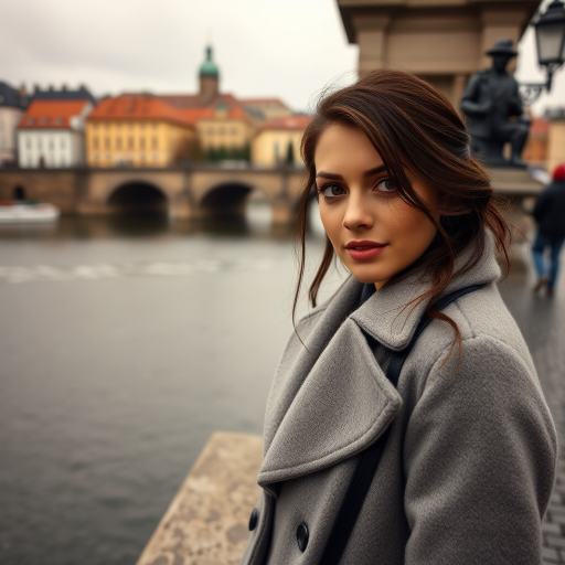 cinematic photo from above, waist up shot, sharp focus, a beautiful woman in foreground, in Prague, at the Charles Bridge, river in background, overcast rainy day, wearing long grey wool coat, warm rich color palette