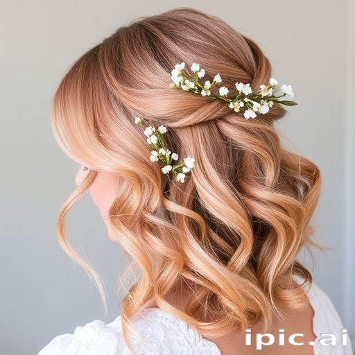 Soft rose gold waves styled in a romantic half-up, half-down look by "Blush & Bloom" hair artisans, showcasing loose, flowing curls adorned with delicate baby's breath flowers woven throughout, creating an ethereal, fairy-tale inspired aesthetic perfect for a whimsical bride.