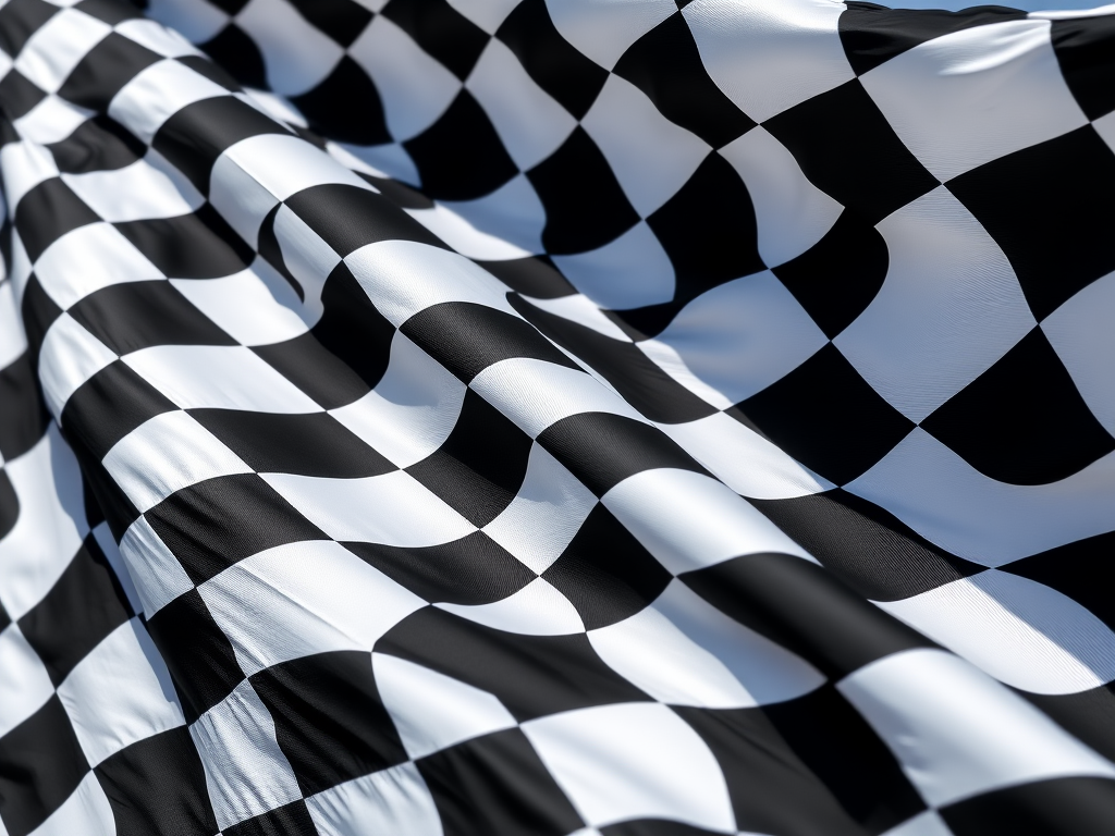high-resolution close-up of a waving black and white checkered flag, f/8 aperture, 1/200 sec shutter speed, ISO 100, shot with a DSLR camera in natural light, focus on texture and movement of the fabric