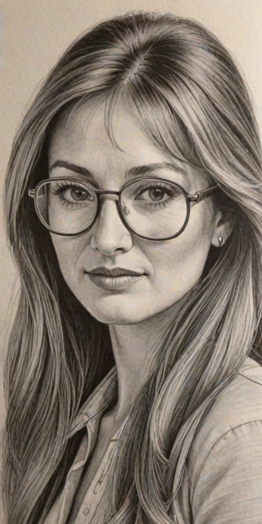 Captivating Jane Seymour, pencil sketch, portrait of Appealing woman 1974s in glasses, hair style beatnik, outline, clear lines, fine lines, 8k