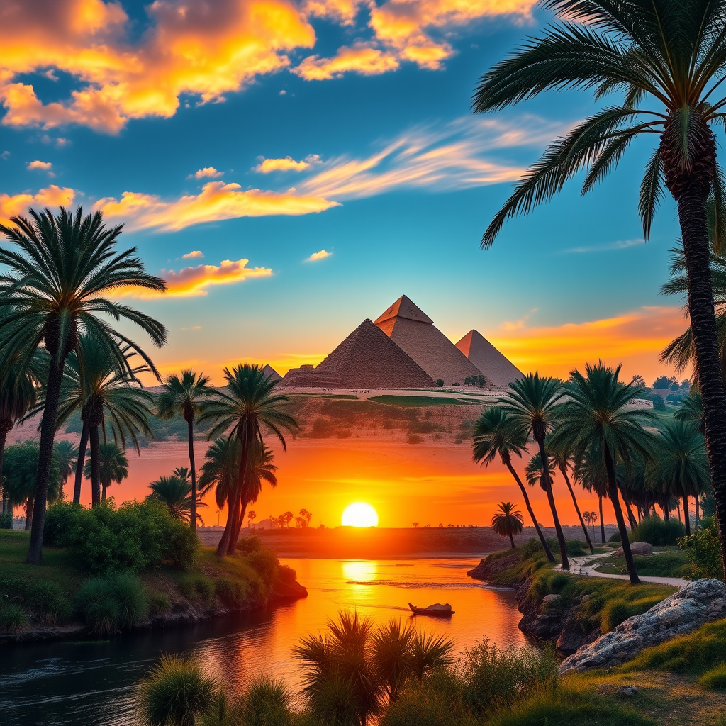 Create a vibrant sunset landscape featuring the pyramids of Giza, surrounded by lush palm trees, with a calm river in the foreground, using a DSLR camera, 24mm lens, f/11 aperture, ISO 100, and a golden hour lighting to enhance image quality and detail.