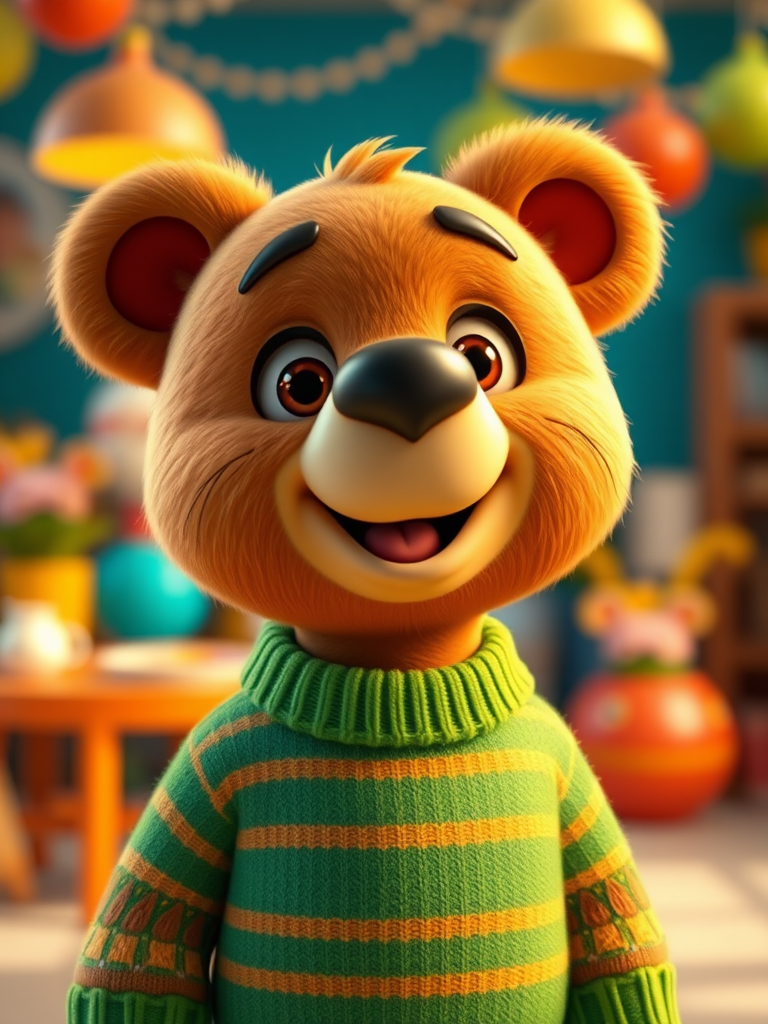 Create a vibrant and cute 3D cartoon bear character with big expressive eyes, wearing a green striped sweater, in a bright and colorful setting, shot with a Canon EOS R5, 50mm f/1.2 lens, 1/200s shutter speed, ISO 100, soft diffused lighting for enhanced detail and texture.