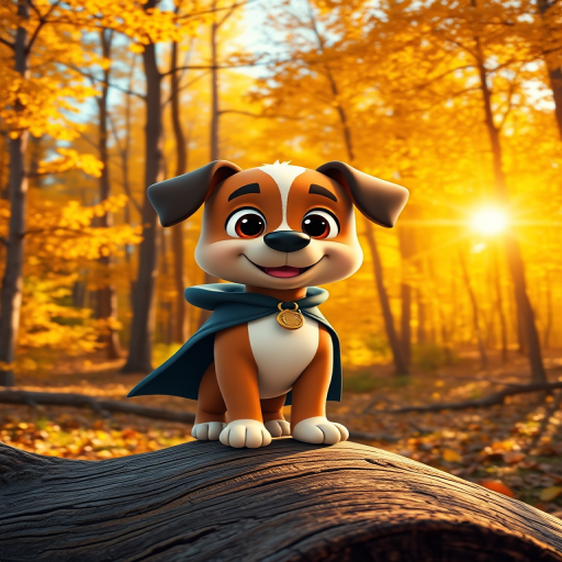 A cartoon dog character wearing a cape stands on a log in a picturesque autumn forest, surrounded by golden trees and a bright sun; shot with a Canon EOS R5, 35mm lens, f/2.8 aperture, ISO 100, capturing vibrant colors and depth in a warm, playful style.