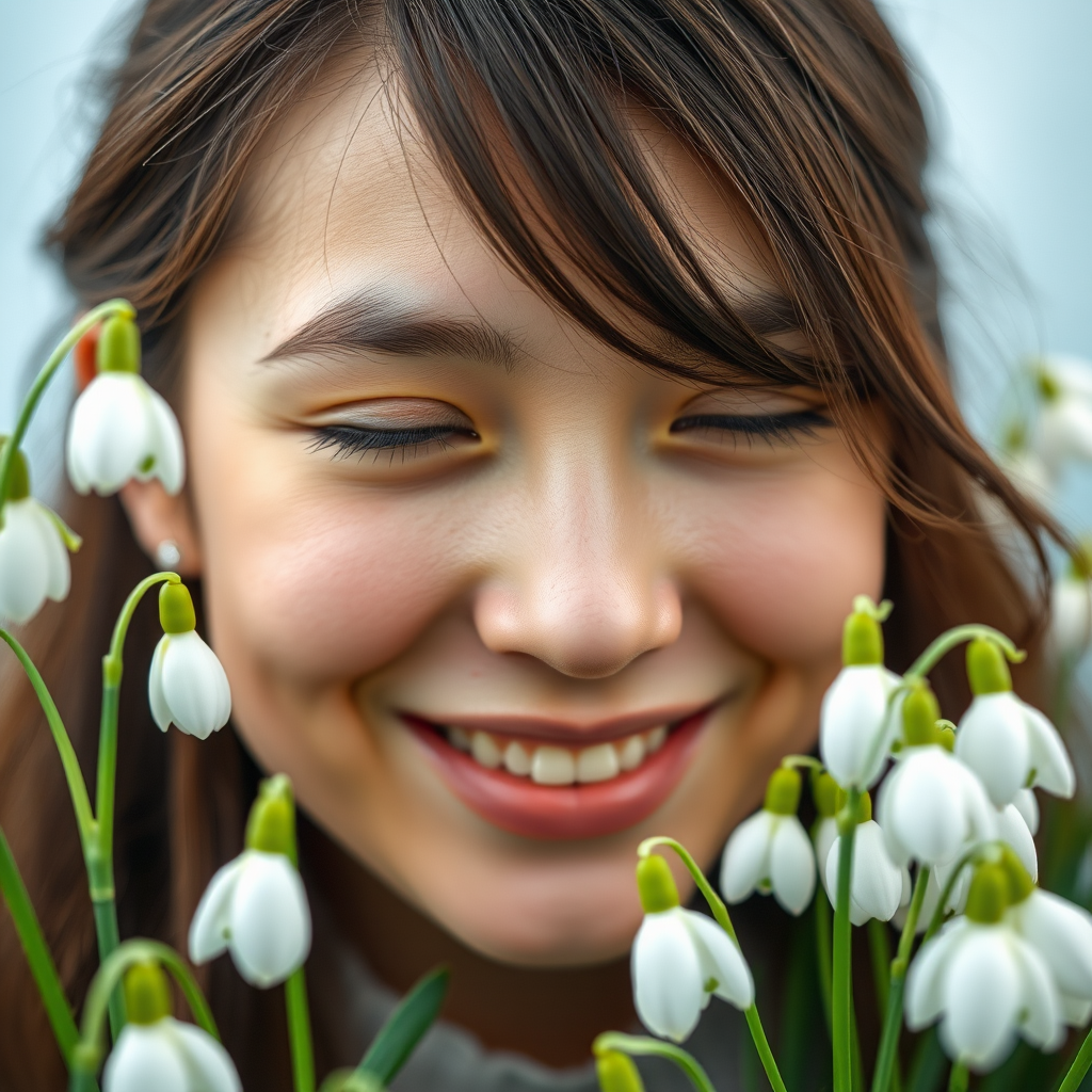 Create a close-up portrait of a person gently smiling, surrounded by snowdrop flowers, with a soft pastel background featuring light shades of blue and white, using a DSLR camera at f/2.8 for a shallow depth of field, ISO 100, and a 50mm lens, capturing natural light to enhance texture and detail.