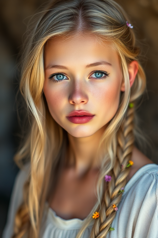 Create an image of a young Guarani woman with long, wavy blonde hair, adorned with small, colorful flowers woven into her braids and loose strands. Her complexion is fair, with soft, glowing skin, and she has light blue eyes that gaze softly at the viewer. She wears a light, flowing dress with a gentle, ethereal quality, complementing her delicate and serene appearance. The background is slightly blurred, drawing focus to her tranquil expression and the intricate details of the flowers in her hair. The overall mood of the image is one of natural beauty and grace, evoking a sense of peacefulness and connection with nature.
