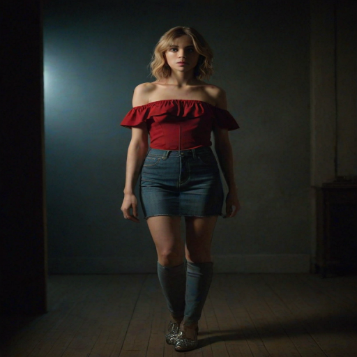 Full body shot photo of a young Caucasian woman standing in a dimly lit room with a moody, atmospheric vibe; the lighting is low, with warm shadows creating a mysterious, intimate ambiance. The woman has fair skin with natural textures such as subtle pores, and her wavy blonde hair with bangs frames her face, adding a soft glow where the dim light touches. She wears a red off-shoulder dress that drapes elegantly, with the phrase "Please Please Please" spelled out in shiny silver letters across the fabric paired with blue denim jeans and leather shoes, catching the faint light and adding a reflective detail that contrasts with the dark surroundings. Her expression is pensive, with a distant gaze slightly to her left, conveying a sense of introspection. The background is blurred but shows hints of vintage furniture, lending an old-fashioned and contemplative character to the scene. The overall composition is balanced, with the subject's placement to the right creating a dynamic tension that draws attention to both her and the shadows enveloping the room, while the lighting accentuates the rich details of her attire and the reflective lettering