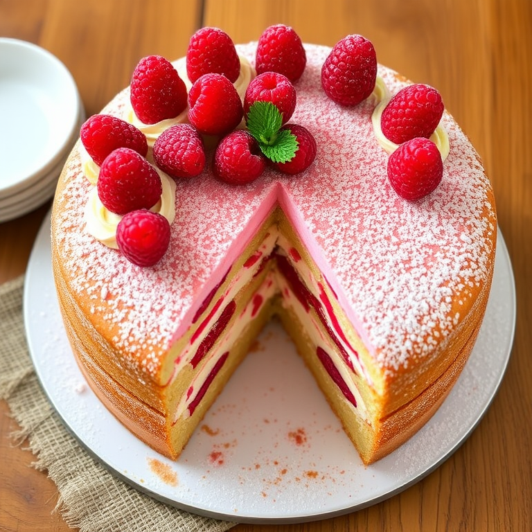 A round raspberry cake with a smooth cream filling and a dusting of powdered sugar on top, garnished with fresh raspberries around the edge, showcasing a slice cut out to reveal layers of sponge cake and cream filling with raspberries inside.