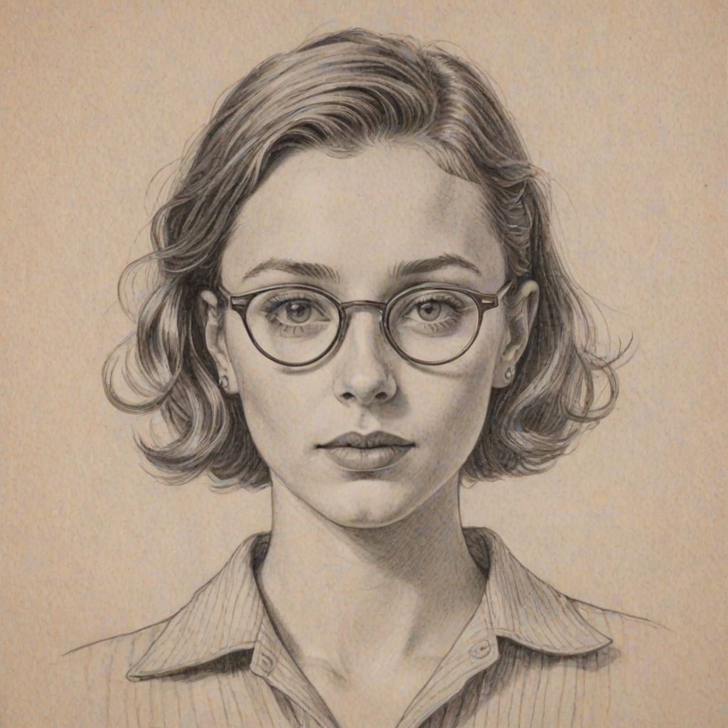 Fascinating Emma Chamberlain, pencil sketch, portrait of Fetching woman 1932s in glasses, hair style beatnik, outline, clear lines, fine lines, 8k