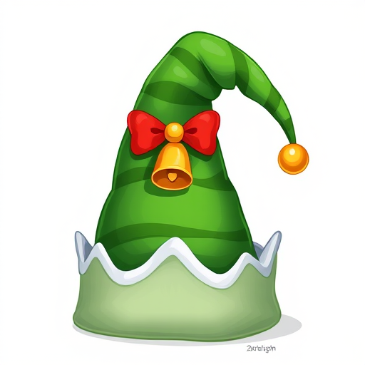 Create a high-resolution illustration of a festive green elf hat with a white brim and a golden bell, using a DSLR camera at f/2.8, ISO 100, 50mm lens, with a shallow depth of field and a vibrant color scheme.