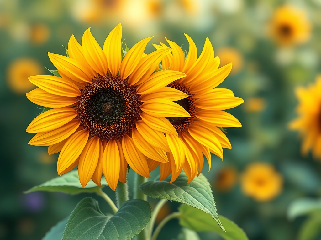 Create a vibrant illustration of two sunflowers with detailed petals and leaves, using a 24mm lens, f/5.6 aperture, ISO 100, capturing a close-up view with a soft background focusing on the flowers, in a digital art style.