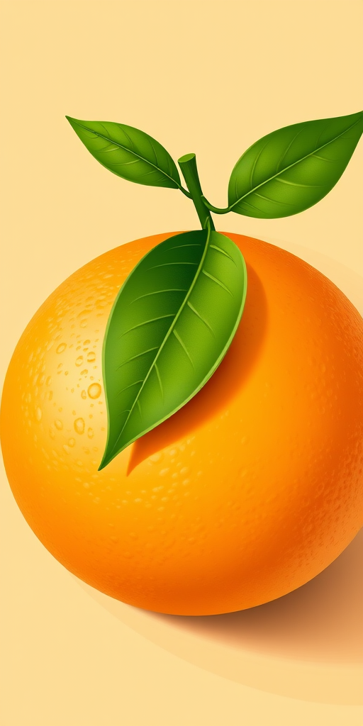 Create a vibrant illustration of a large orange with a glossy texture, a green leaf attached, set against a smooth pastel background, shot with a DSLR camera, aperture f/4, ISO 100, 50mm lens, using a soft focus effect for enhanced depth.