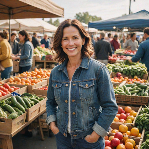 Warmly lit photo of a woman in her 40s, casually dressed in a denim jacket, standing in a bustling farmers' market, surrounded by vibrant produce and cheerful vendors.