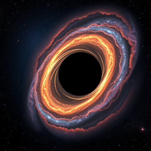 Generate a high-resolution cosmic scene featuring a black hole surrounded by luminous accretion disks and distant galaxies with vibrant colors, using a DSLR camera at ISO 100, f/11, 30 seconds exposure, shot at a wide-angle view with a 24mm lens and high dynamic range imaging.