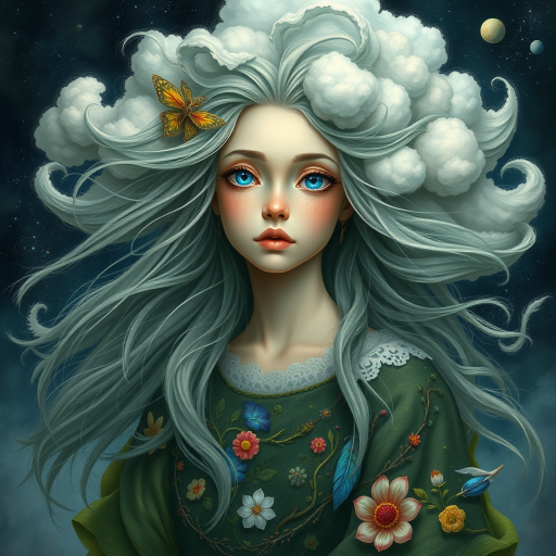 Create a series of imaginative portraits where each subject is infused with elements of fantasy and nature. The hair of the individuals should flow like clouds, varying from soft, fluffy cumulus to wispy cirrus strands, with hints of color reflecting a sunset or a clear blue sky. The eyes should be windows to entire galaxies, with stars, nebulae, and distant planets visible within them. Clothing should be adorned with nature motifs, such as floral patterns that bloom and change, vines that seem to grow and wrap around, or feathers that shimmer with iridescence. Each portrait should capture a unique personality, blending human features with the ethereal beauty of the natural and cosmic world. The backgrounds can vary, from starry night skies to enchanted forests, adding depth and context to the magical realism of the portraits