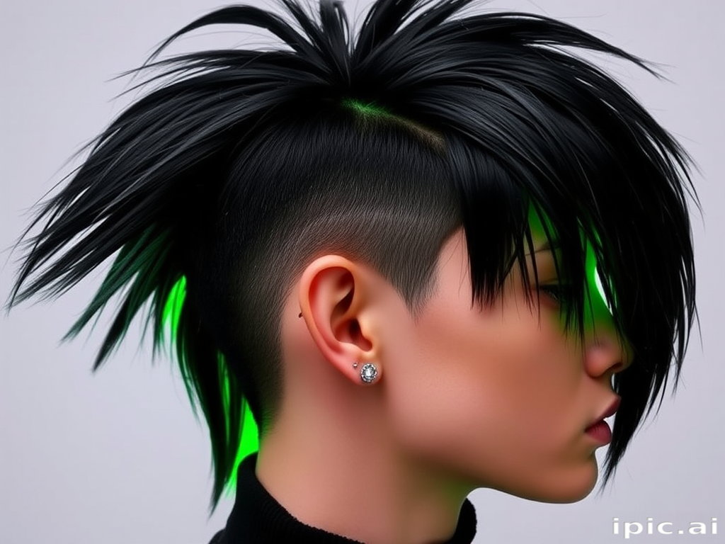 Neon green underlights peeking through a jet black mullet, Electric Rebel cut, featuring a bold contrast between classic punk and modern edge
