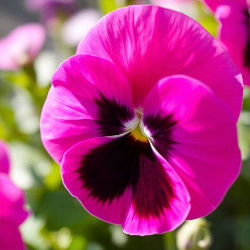 Generate an image of a vibrant pink pansy with a deep purple center, using a macro lens at f/2.8 aperture, 1/200 sec shutter speed, ISO 100, shot in natural light with a blurred background for depth, emphasizing the delicate textures of the petals.