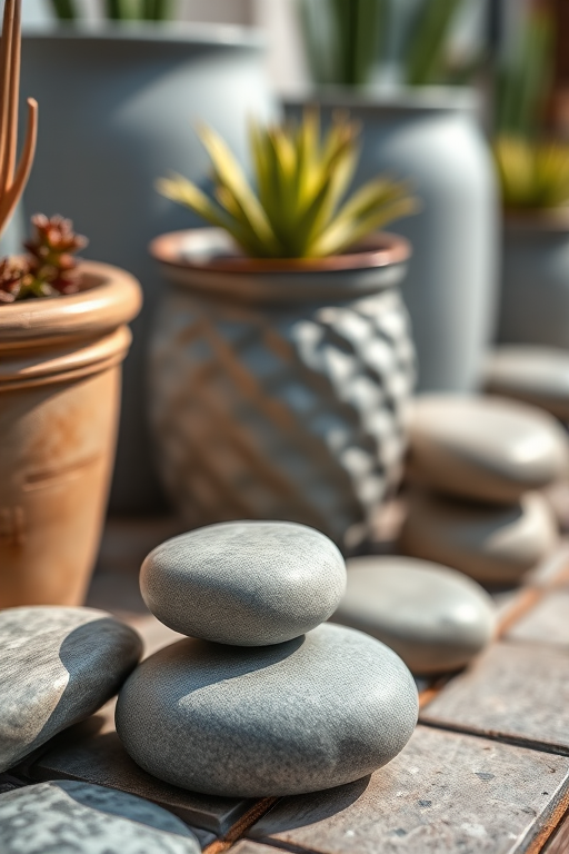 Capture a close-up of smooth gray stones arranged near decorative pots, with soft natural lighting to enhance textures, using a DSLR camera at f/2.8 aperture, 50mm lens, ISO 100, and a shallow depth of field for a blurred background effect.