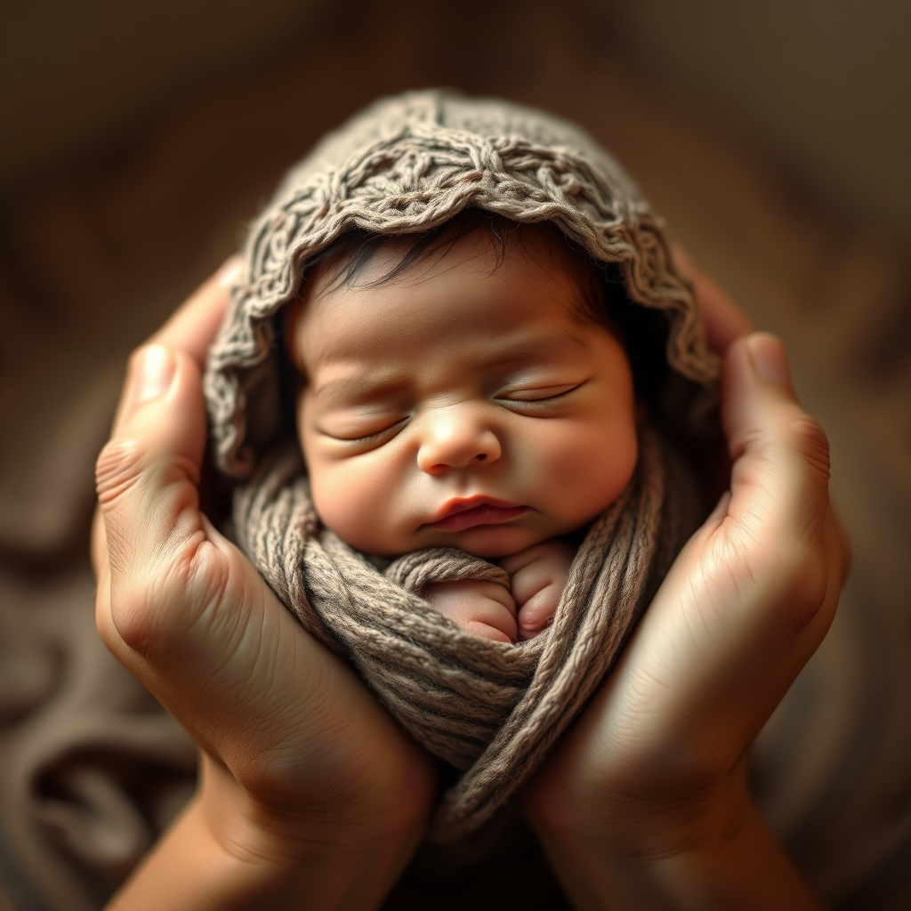 a serene scene of a sleeping baby swaddled in a delicate hat nestled between two hands, softly lit with a warm glow, shot with a Canon EOS 5D Mark IV, ISO 100, f/2.8, 1/200s, 50mm lens, shallow depth of field, soft focus background