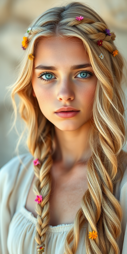 Create an image of a young Sahrawi woman with long, wavy blonde hair, adorned with small, colorful flowers woven into her braids and loose strands. Her complexion is fair, with soft, glowing skin, and she has light blue eyes that gaze softly at the viewer. She wears a light, flowing dress with a gentle, ethereal quality, complementing her delicate and serene appearance. The background is slightly blurred, drawing focus to her tranquil expression and the intricate details of the flowers in her hair. The overall mood of the image is one of natural beauty and grace, evoking a sense of peacefulness and connection with nature.