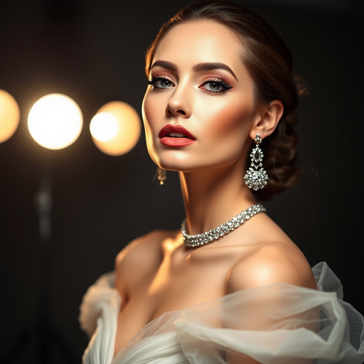 Studio portrait, female model, elegant couture dress, bold makeup, dramatic lighting, Shoot over the shoulder using a telephoto lens to focus on small details like jewelry, makeup, or fabric textures