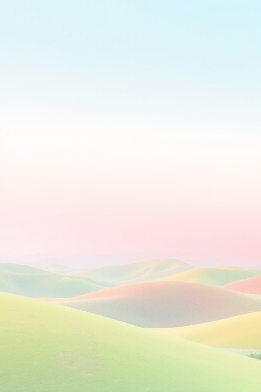 Create a watercolor landscape with soft pastel colors transitioning from light blue at the top to pale green and soft pink, featuring gentle hills in the foreground, shot with a Canon EOS R5 at f/8, ISO 100, 35mm lens, in natural light.