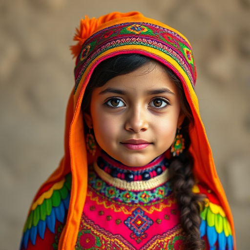 A beautiful Middle Eastern girl, wearing colorful bird clothing with vibrant colors
