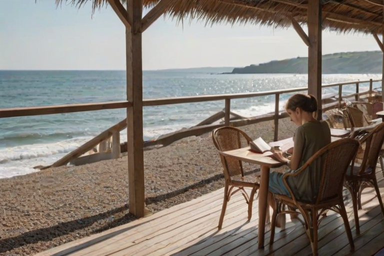 Quiet seaside cafe with wicker chairs and wooden tables, the sound of waves lapping the shore as a woman sits reading a book, sipping an espresso.