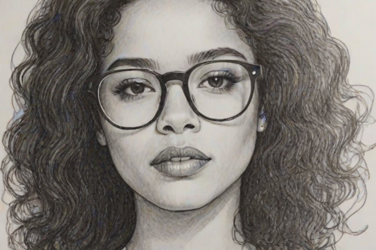 Attractive Ella Mai, pencil sketch, portrait of Resplendent woman 1970s in glasses, hair style beatnik, outline, clear lines, fine lines, 8k